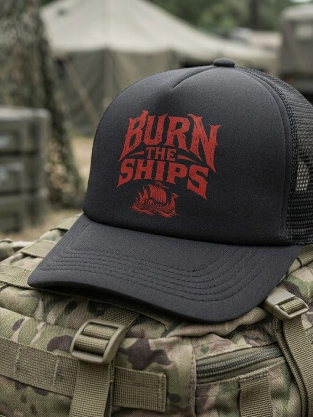 Burn The Ships Hat Tactical Viking DTF Printed OTTO Black Foam Trucker Cap New